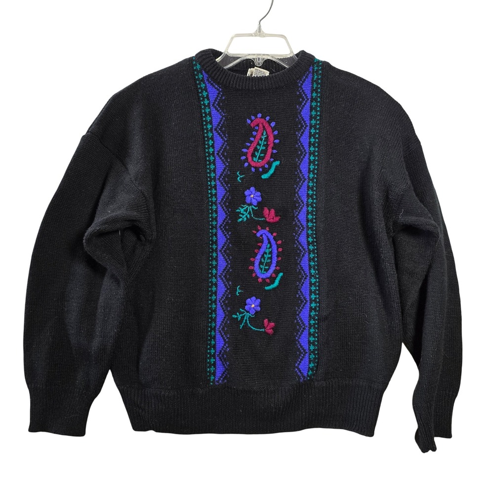 Koret Vintage Black‎ Wool Blend Womens 1X Paisley Embroidered Crewneck Sweater
